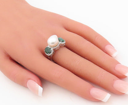 925 Sterling Silver Vintage Ring Diamonds Pearl & Gemstone Inlay  Sz 8  RG30492