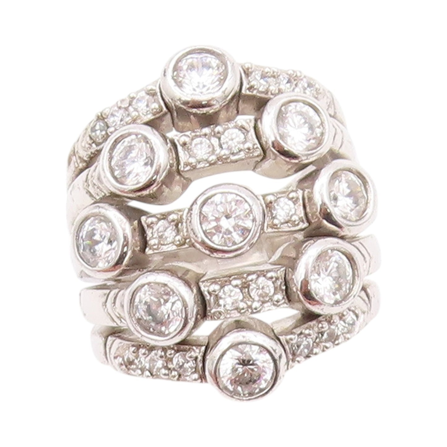 925 Sterling Silver Vintage Ring Modernist Cutout CZ Inlay Bands  Sz 5  RG32228