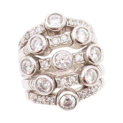 925 Sterling Silver Vintage Ring Modernist Cutout CZ Inlay Bands  Sz 5  RG32228