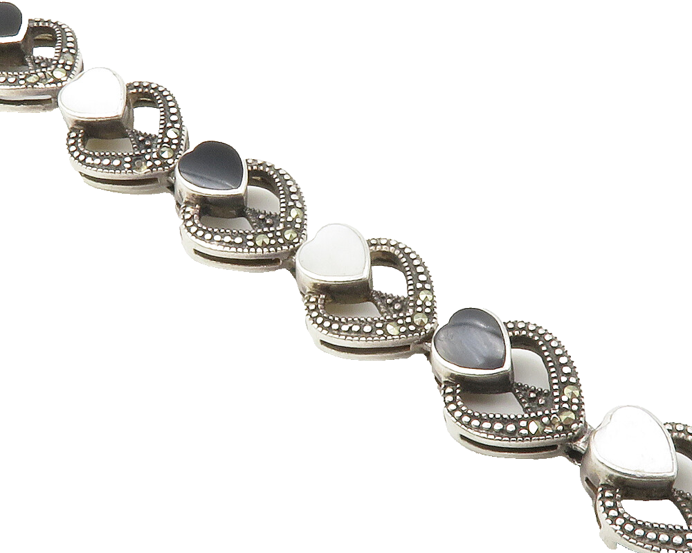 925 Silver  Vintage Mother Of Pearl & Black Onyx Heart Chain Bracelet  BT5754