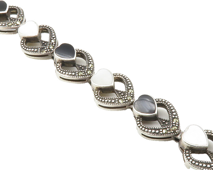 925 Silver  Vintage Mother Of Pearl & Black Onyx Heart Chain Bracelet  BT5754