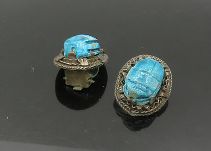 MIDDLE EAST 925 Silver  Vintage Turquoise Scarab Non Pierce Earrings  EG10791