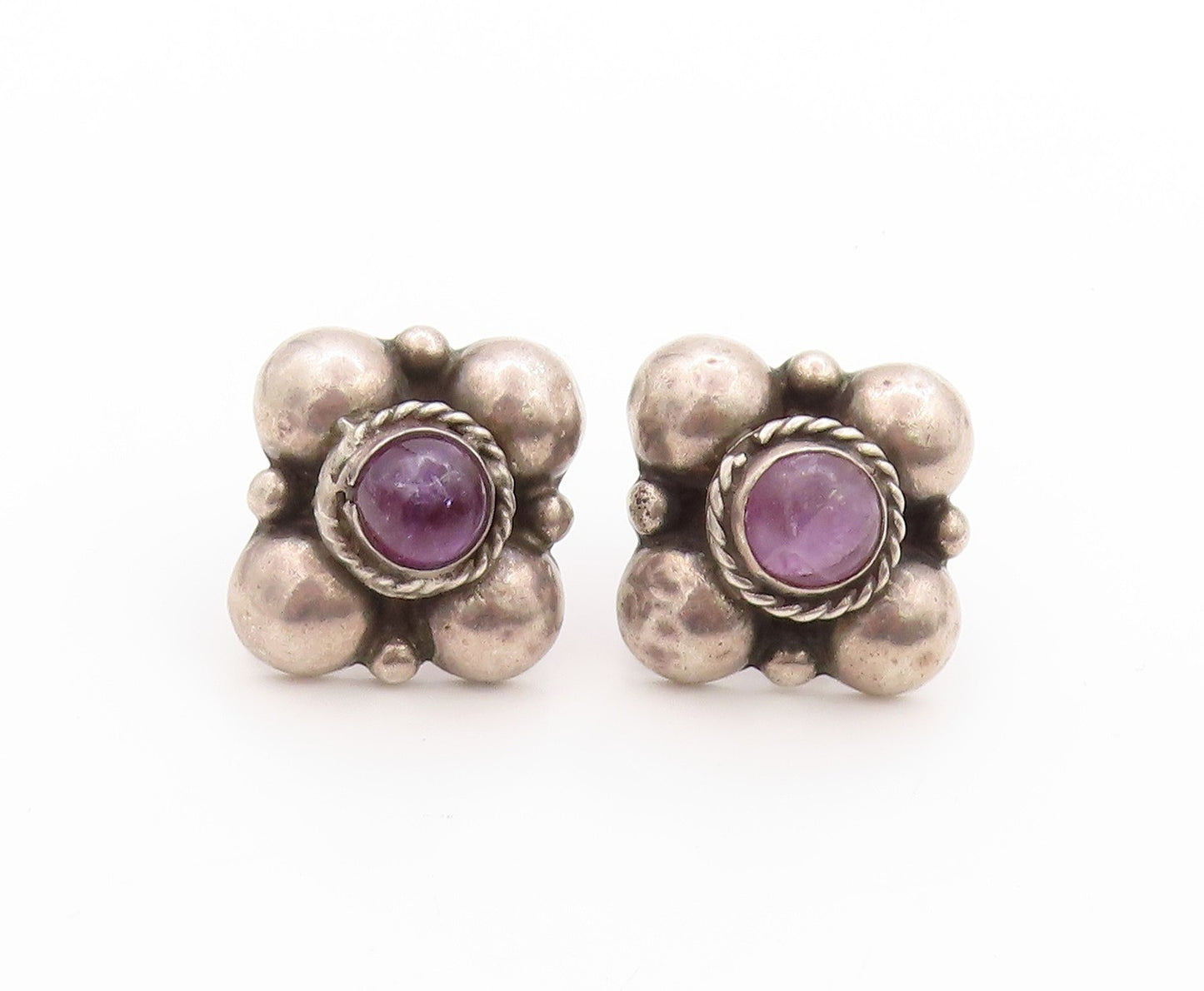 925 Sterling Silver Vintage Earrings MEXICO Antique Amethyst Flower  EG13580