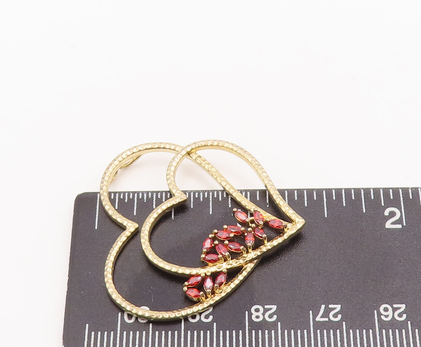 925 Sterling Silver Vintage Pendant Gold Plated Red CZ Cutout 2 Hearts   PT23092