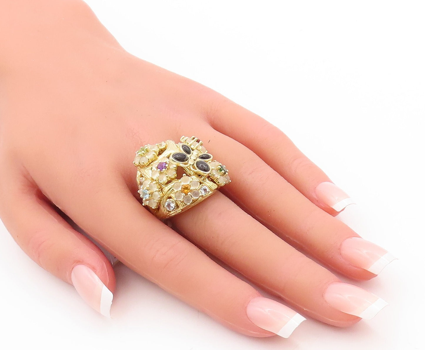 925 Sterling Silver Vintage Ring Gold Plated Floral Inlay Gemstone Sz 7  RG29078