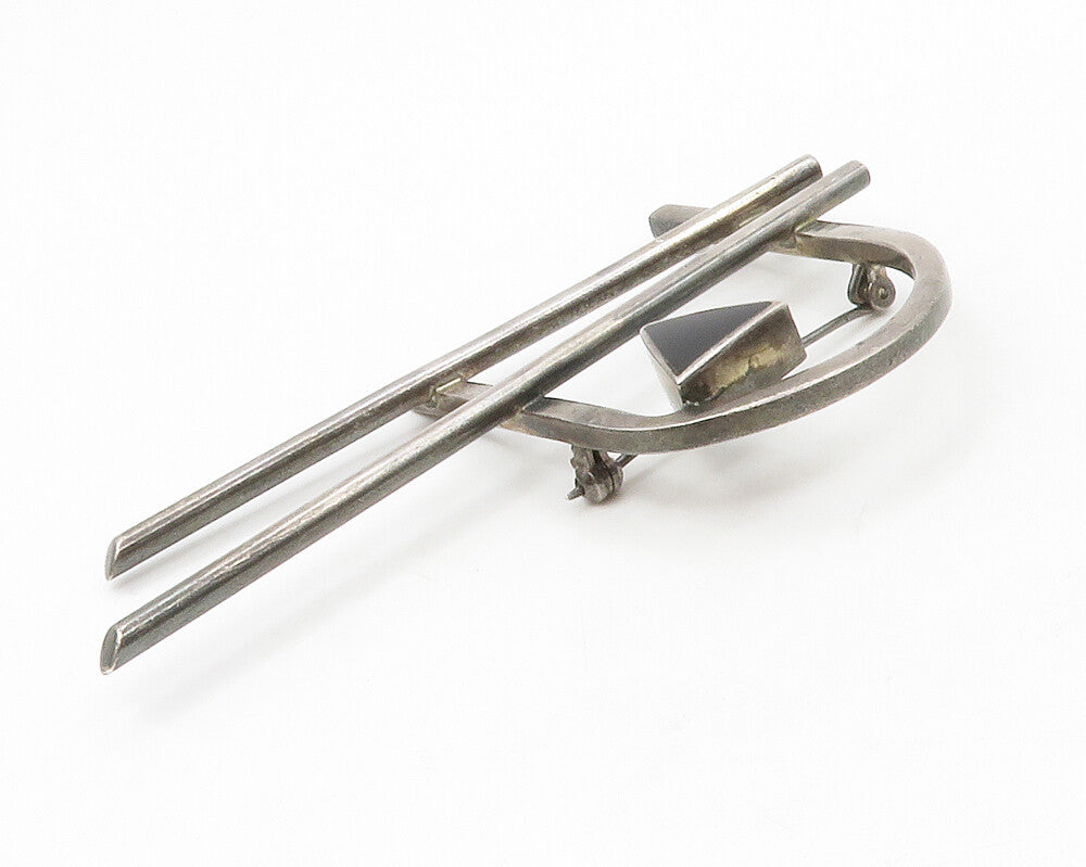 925 Sterling Silver  Vintage Black Onyx Modernist Dark Tone Brooch Pin  BP5189