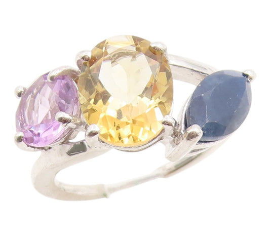 925 Sterling Silver Vintage Ring Modernist Multi Gemstone Band  Sz 7  RG36171