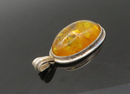 925 Sterling Silver  Vintage Cabochon Cut Amber Oval Drop Pendant  PT16614