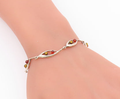 925 Sterling Silver  Vintage Petite Cabochon Cut Amber Chain Bracelet  BT8772