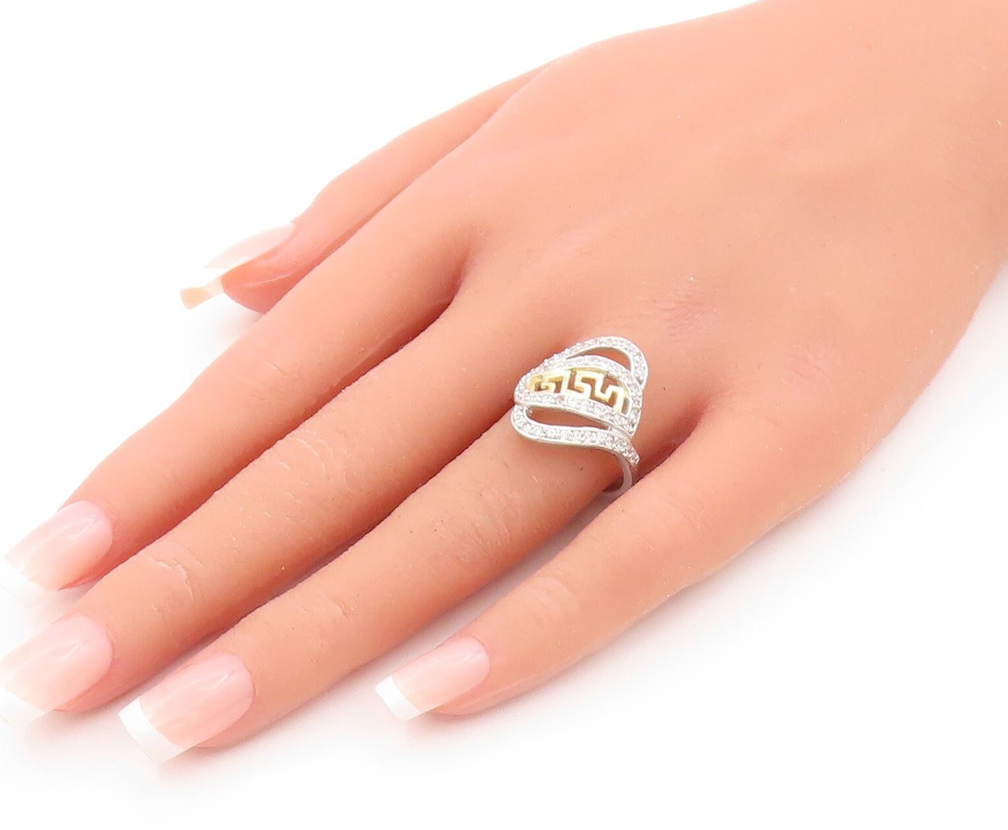 925 Sterling Silver Vintage Ring Maze Key Cutout Topaz Band  Sz 8  RG31889