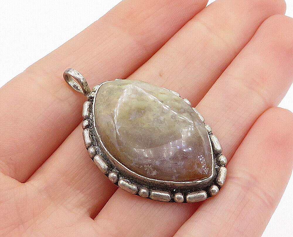 NAVAJO 925 Sterling Silver  Vintage Agate Patterned Border Drop Pendant PT4011