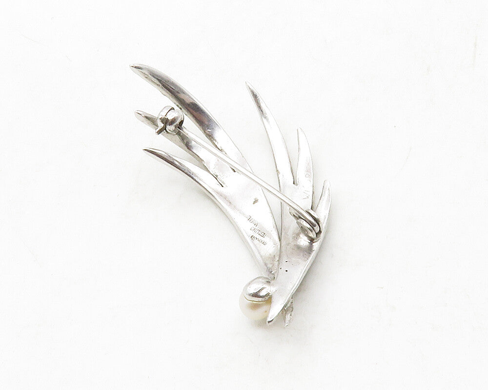 GERMANY 925 Silver  Vintage Petite & Pearl Modernist Floral Brooch Pin  BP4916