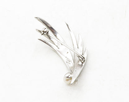 GERMANY 925 Silver  Vintage Petite & Pearl Modernist Floral Brooch Pin  BP4916