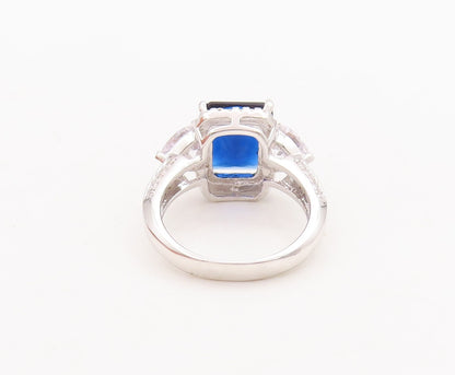 925 Sterling Silver Vintage Ring Rectangle Sapphire Halo CZ Framed  Sz 7 RG29369