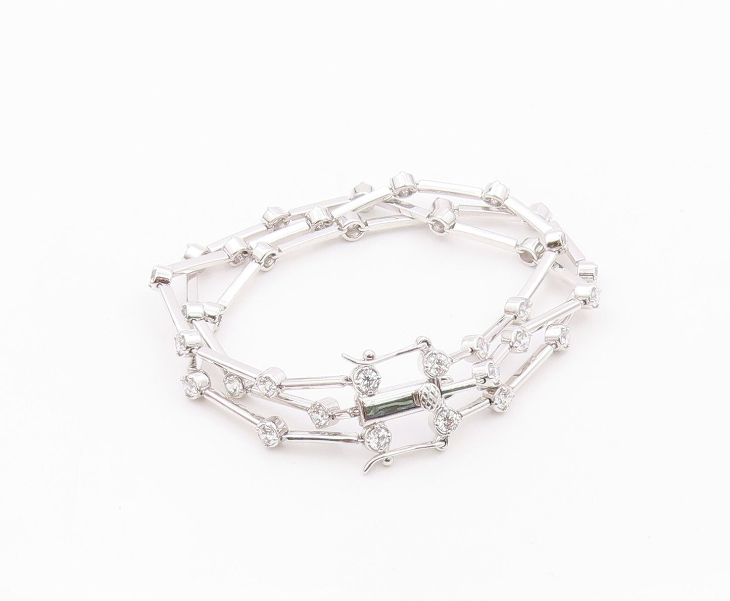 925 Sterling Silver Vintage Bracelet Round CZ & Stick Three Bands  BT11149
