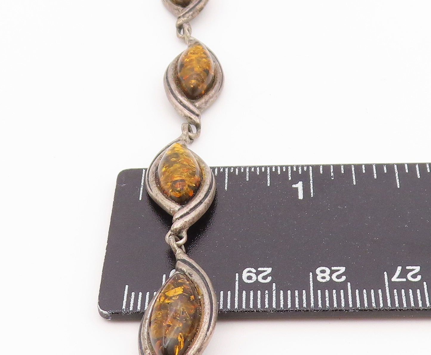 925 Sterling Silver Vintage Bracelet Green Baltic Amber Marquise Link  BT12178