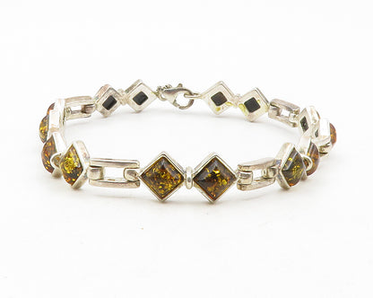 925 Sterling Silver  Vintage Cabochon Amber Hinge Link Chain Bracelet   BT4670