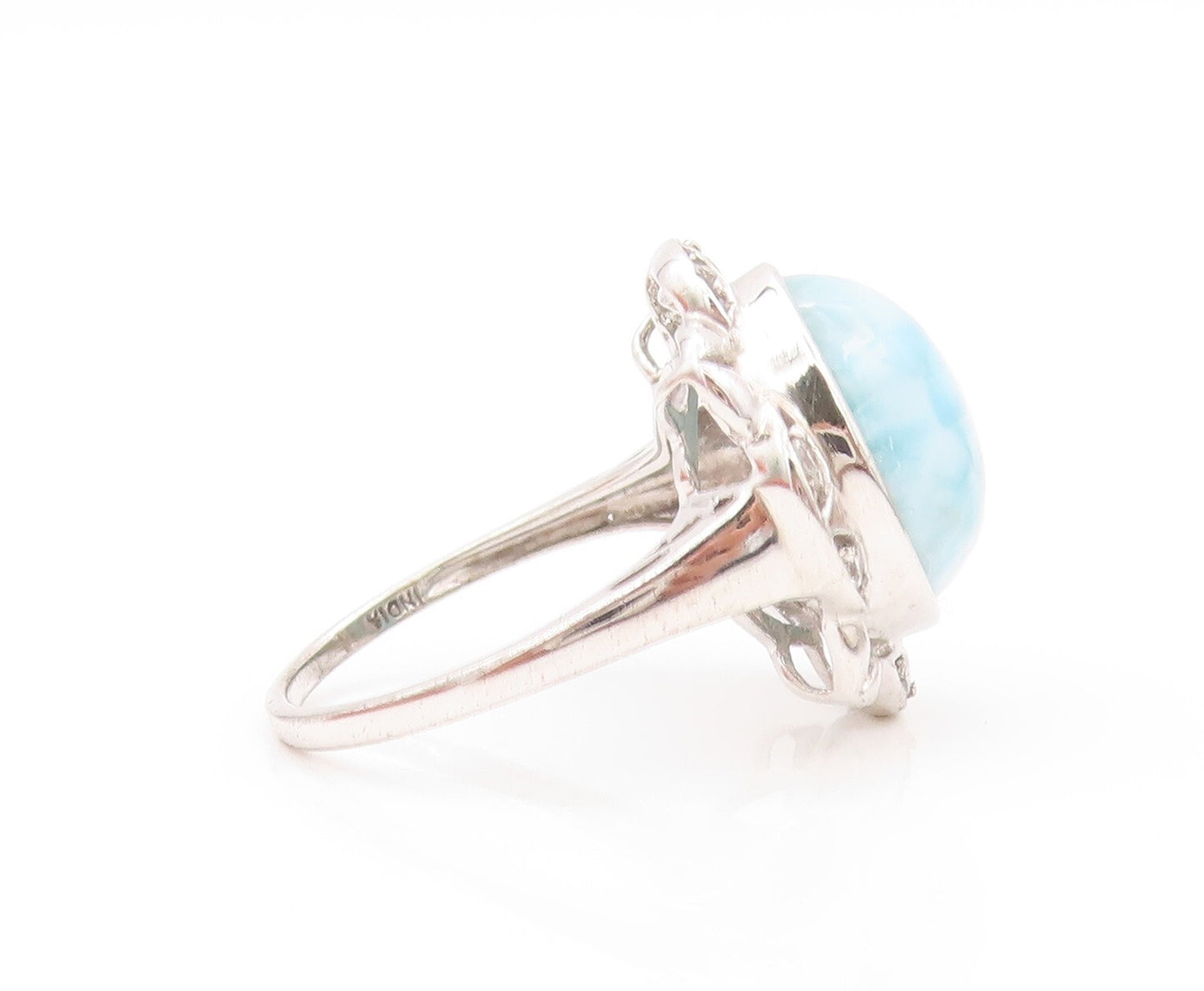 925 Sterling Silver Vintage Ring Larimar & Topaz Floral Design  SZ 8.5 RG32084