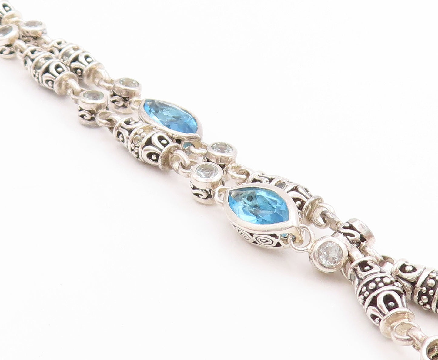 925 Sterling Silver Vintage Bracelet Marquise Blue Topaz Etched Barrels  BT11391