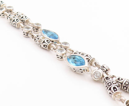 925 Sterling Silver Vintage Bracelet Marquise Blue Topaz Etched Barrels  BT11391