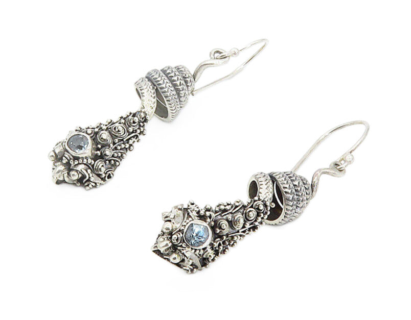 925 Sterling Silver  Vintage Blue Topaz Snake Head Motif Drop Earrings  EG2923