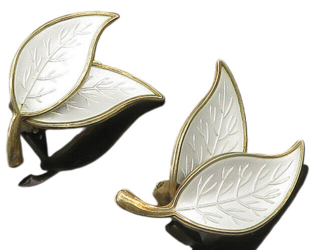 MEKA DENMARK 925 Silver  Vintage Enamel Floral Leaf Non Pierce Earrings EG9241