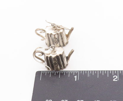 925 Sterling Silver Vintage Earrings Etched Miniature Tea Pot Dangles  EG13688