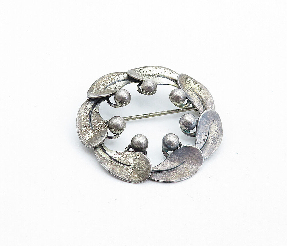 BEAU 925 Sterling Silver  Vintage Oxidized Floral Wreath Brooch Pin  BP2660