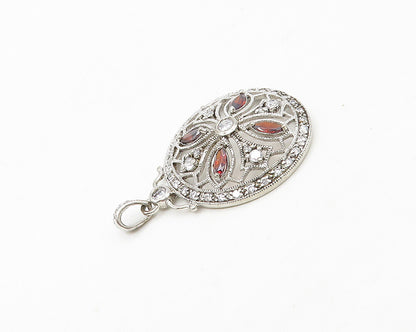 925 Sterling Silver  Cubic Zirconia & Garnet Floral Design Pendant  PT14067