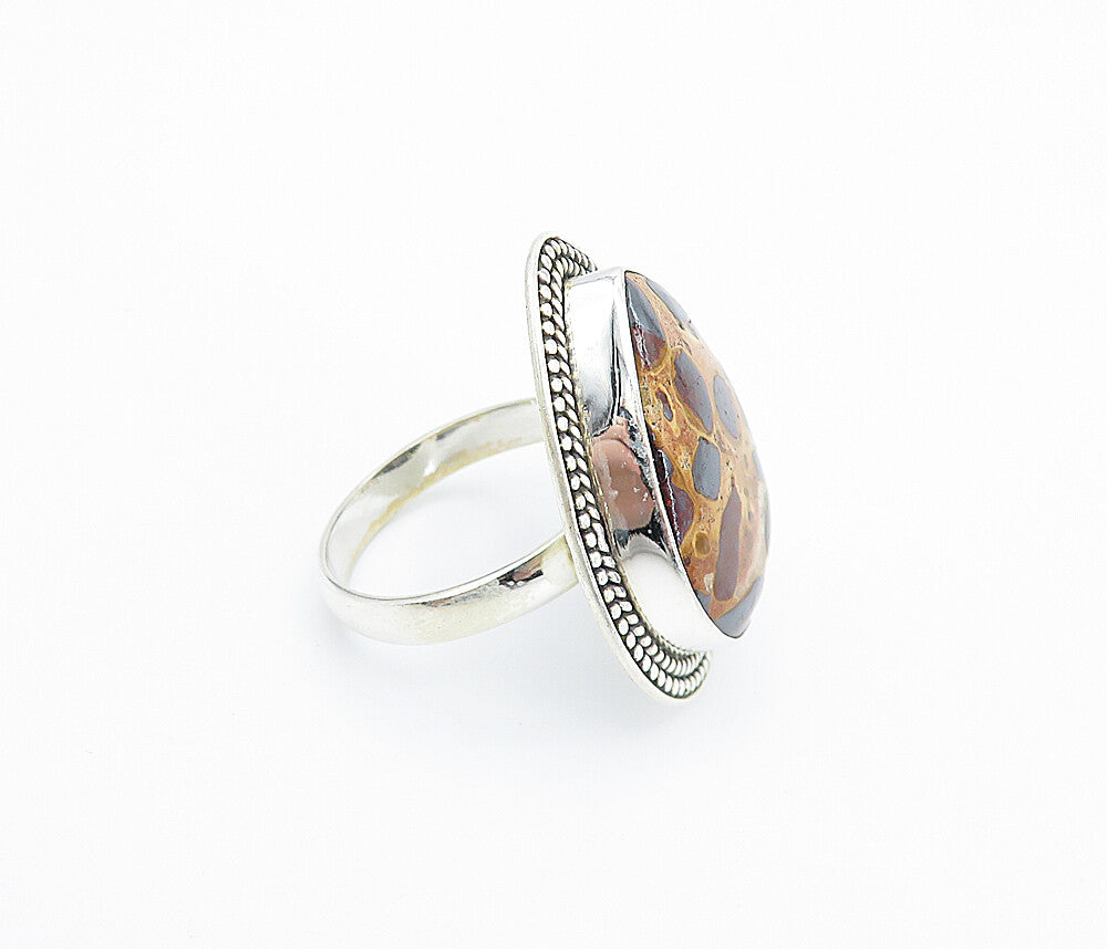 925 Sterling Silver  Brown Spotted Jasper Shiny Cocktail Ring Sz 9  RG7993
