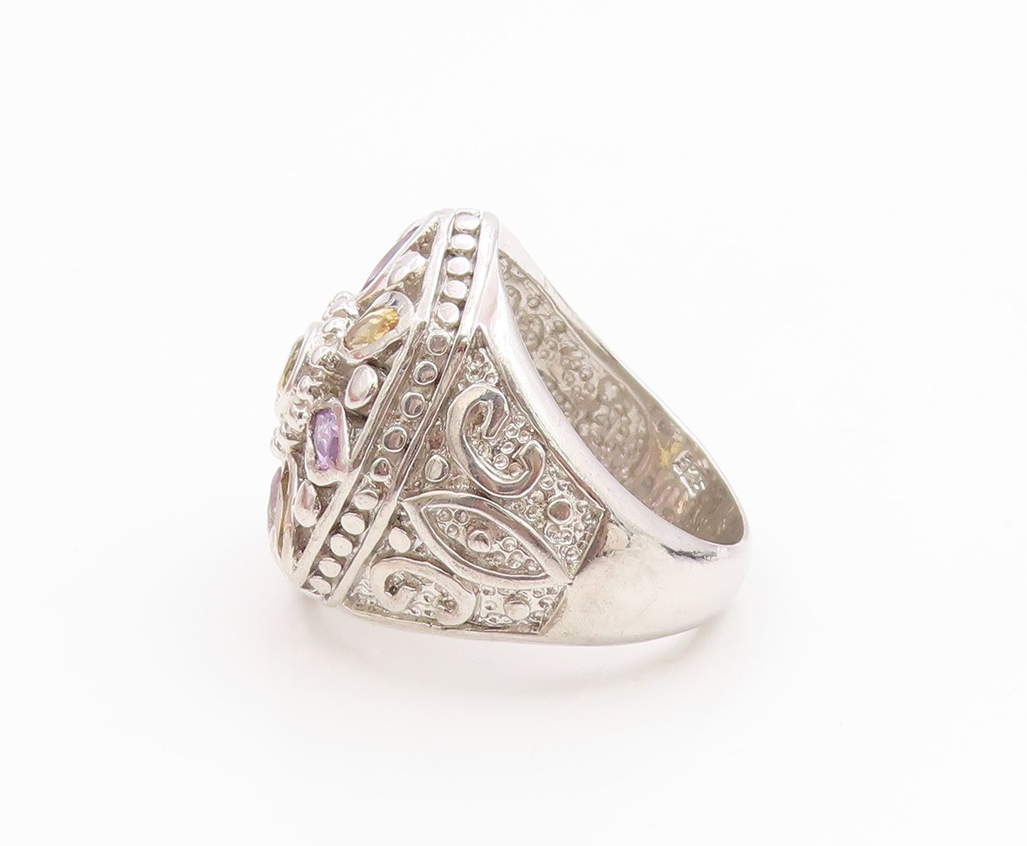 925 Sterling Silver Vintage Ring Amethyst & Citrine Floral Band  Sz 8.5  RG36069
