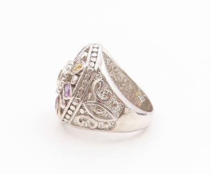 925 Sterling Silver Vintage Ring Amethyst & Citrine Floral Band  Sz 8.5  RG36069