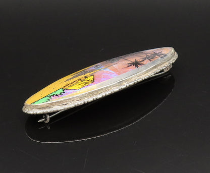BRAZIL 925 Sterling Silver  Vintage Beach Scenery Art Glass Brooch Pin  BP9804