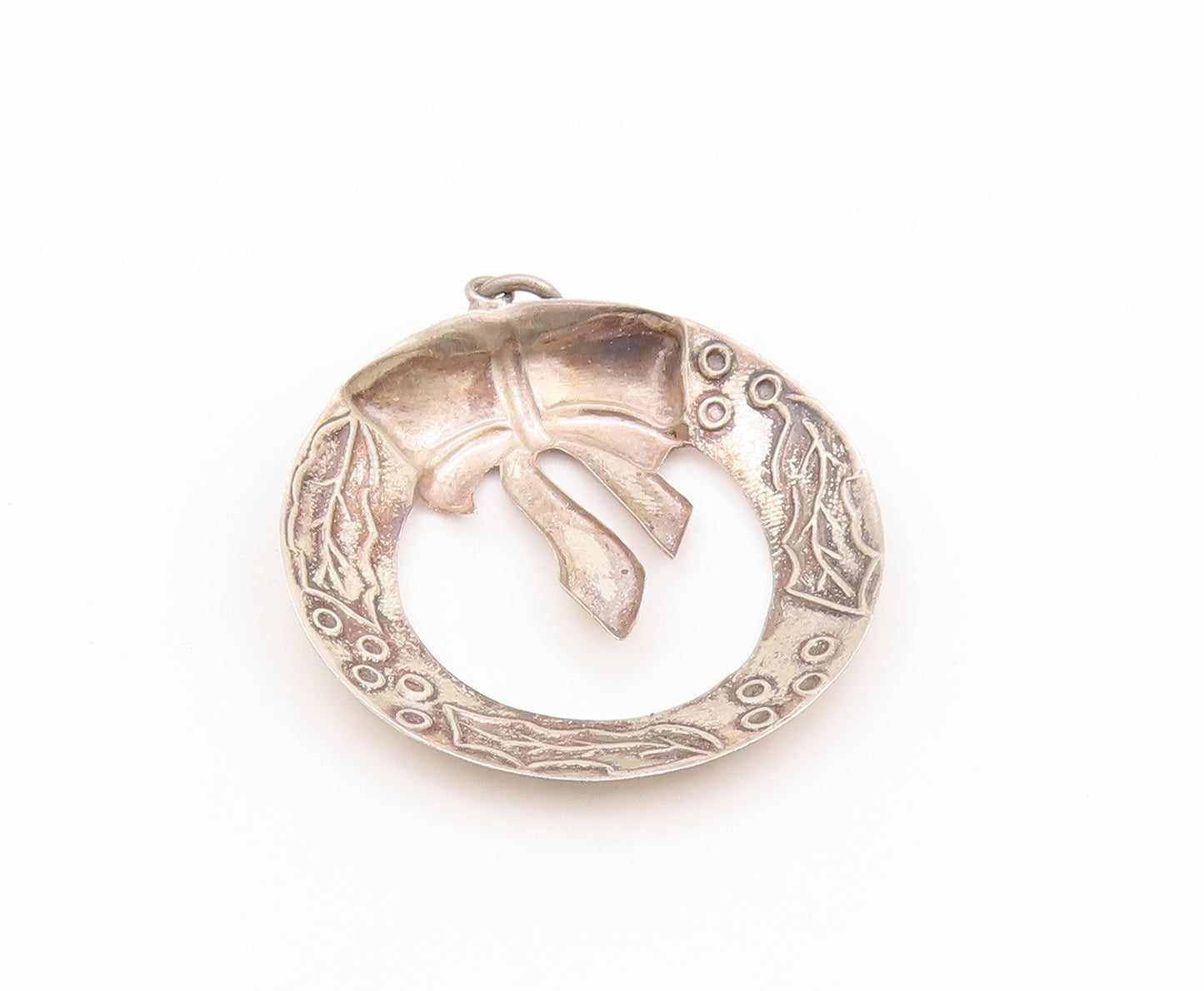 925 Sterling Silver Vintage Pendant Christmas Floral Etched Wreath  PT24080