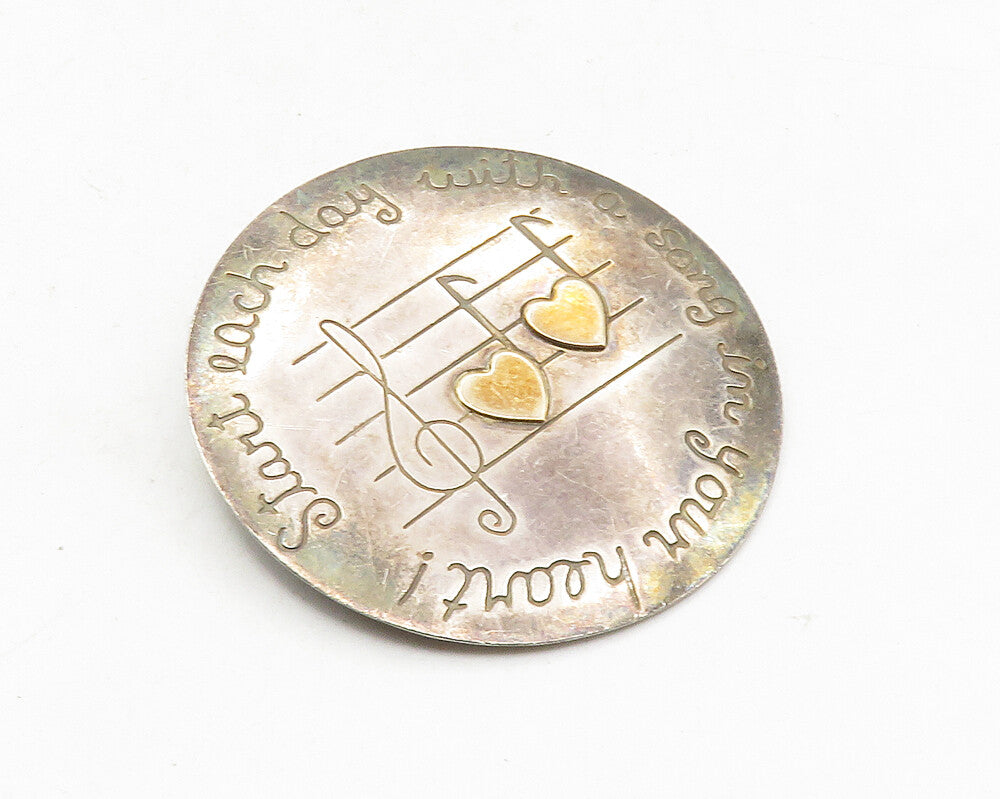 925 Silver & 14K GOLD  Vintage Song In Your Heart Quote Brooch Pin  BP3643