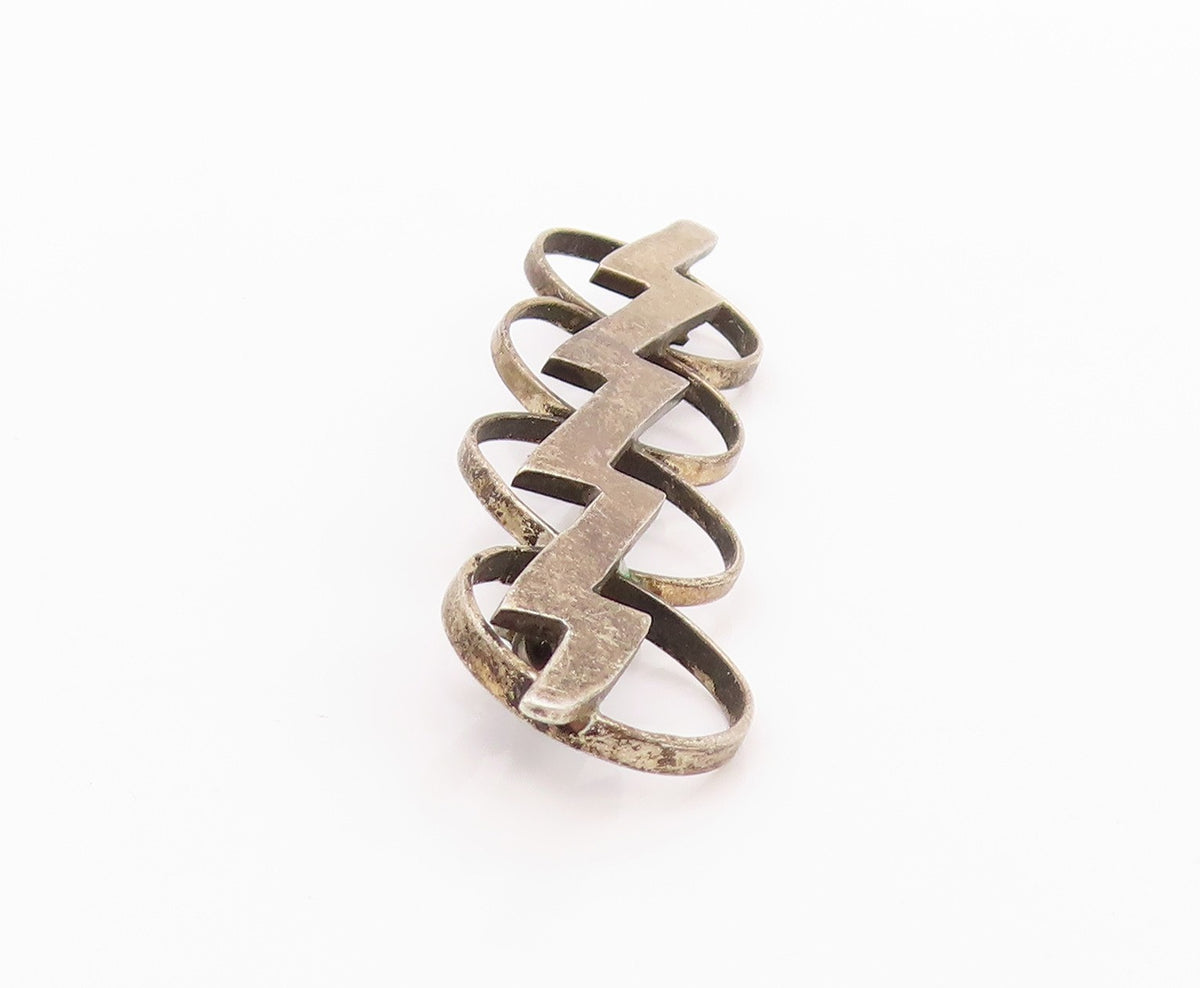 925 Sterling Silver Vintage Brooch Modernist Thunder & Rings Design BP11599