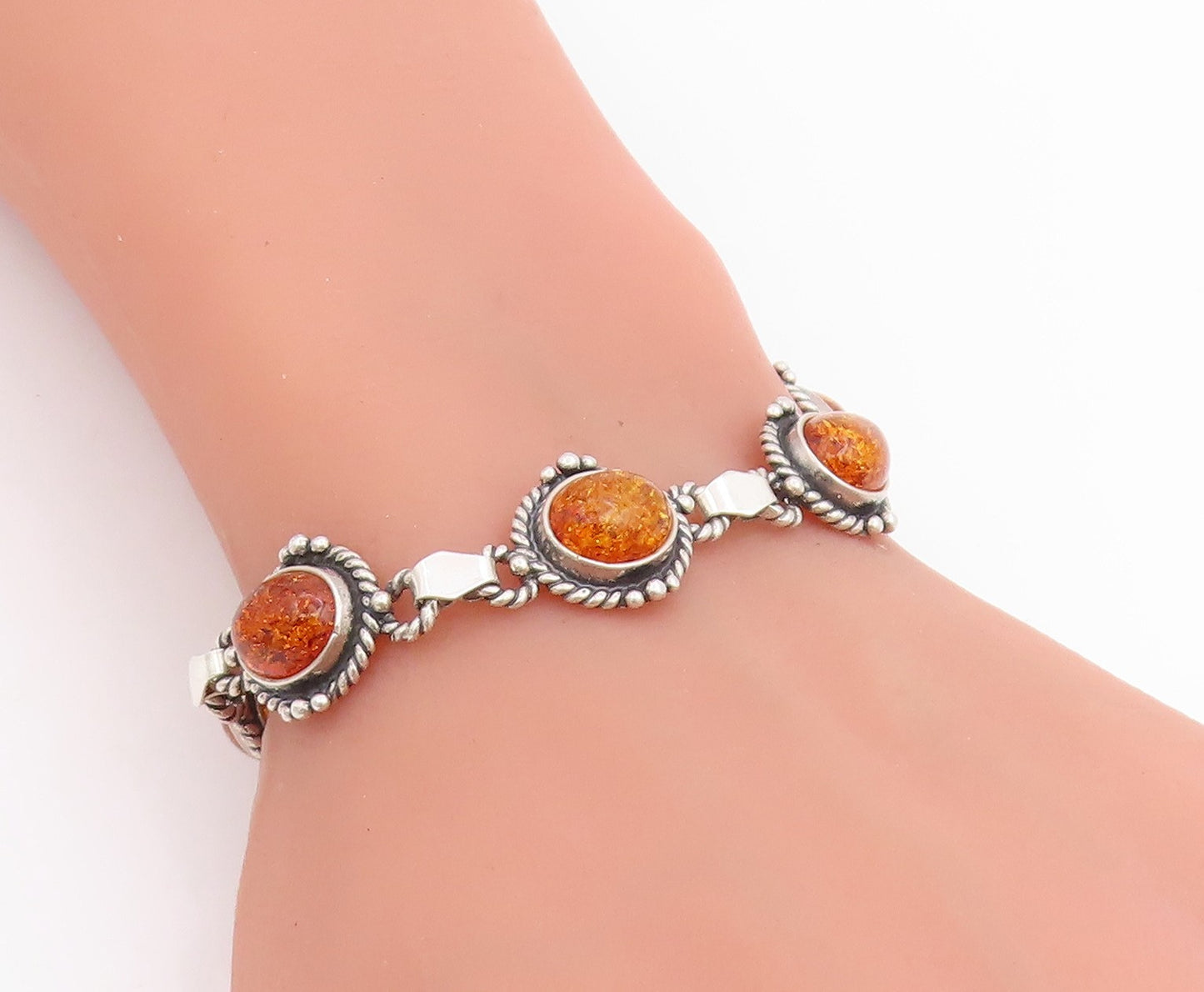 925 Sterling Silver Vintage Bracelet Cabochon Honey Amber Link Chain  BT11849