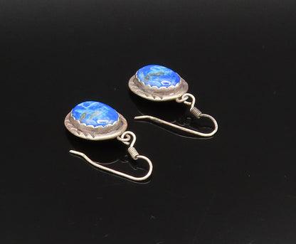 925 Silver  Vintage Etched Border Cabochon Lapis Lazuli Drop Earrings  EG12125