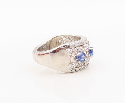 925 Sterling Silver Vintage Ring Round Cut Sapphire Halo CZ Inlay  Sz 7  RG30511