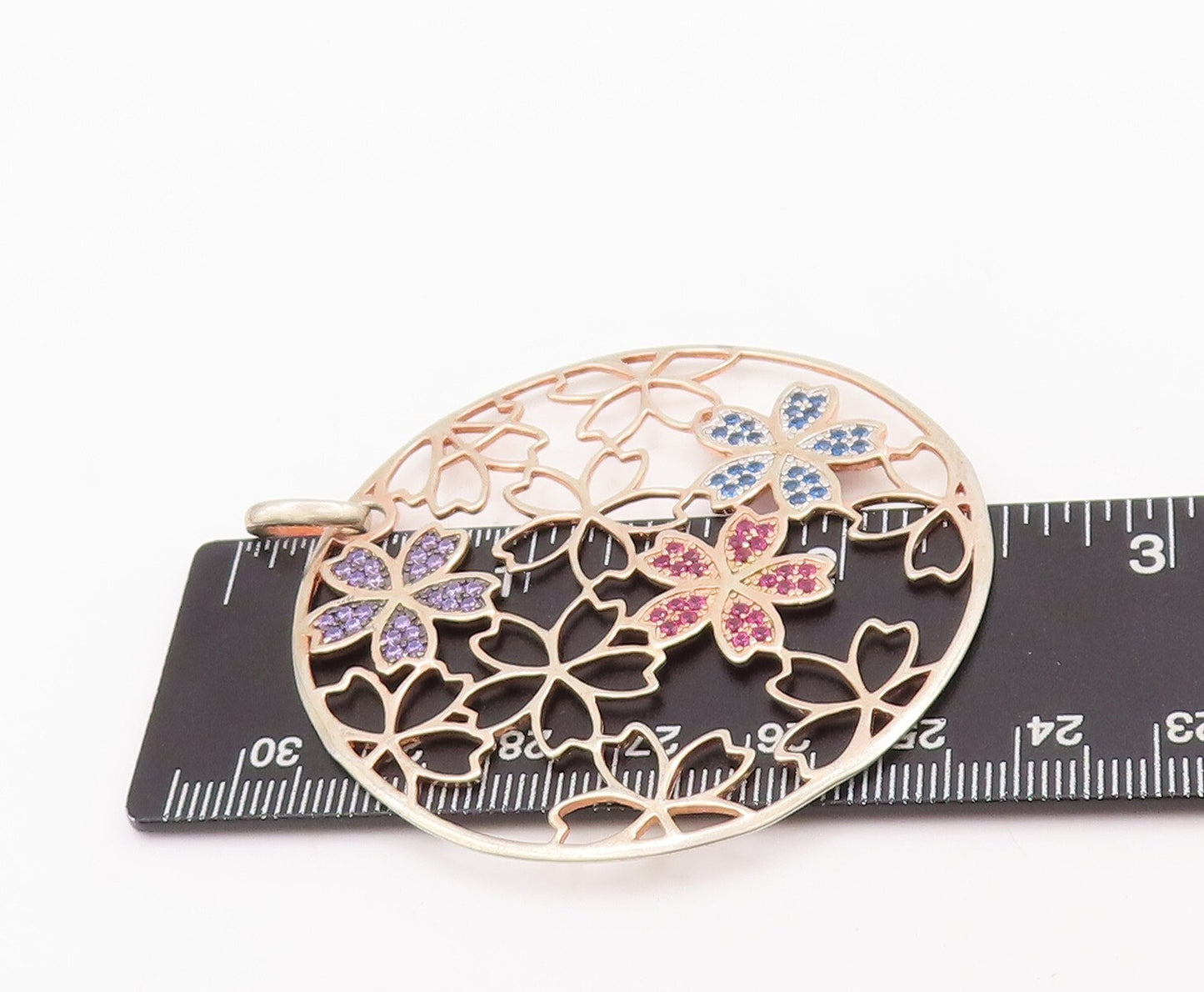 925 Sterling Silver Vintage Pendant Gold Plated Flowers Cutout Inlay CZ  PT23413