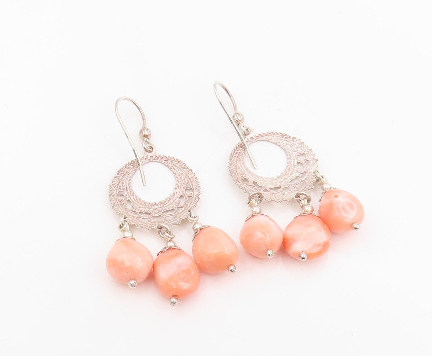 925 Sterling Silver Vintage Earrings POLAND Peach Gemstone Chandelier  EG13991