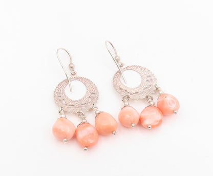 925 Sterling Silver Vintage Earrings POLAND Peach Gemstone Chandelier  EG13991