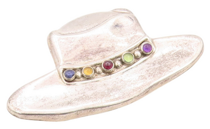 925 Sterling Silver Vintage Brooch Cabochon Gemstones Cow Boy Hat  BP11579