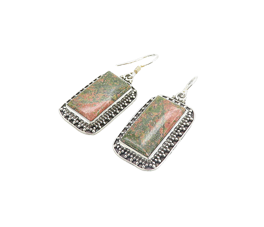 925 Sterling Silver  Vintage Unakite Square Bordered Dangle Earrings  EG3519