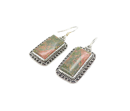 925 Sterling Silver  Vintage Unakite Square Bordered Dangle Earrings  EG3519