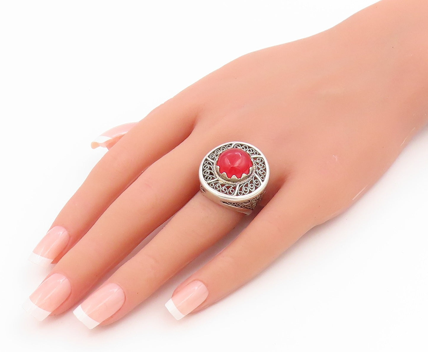 925 Sterling Silver Vintage Ring Cabochon Carnelian Filigree Band  Sz 7  RG36041