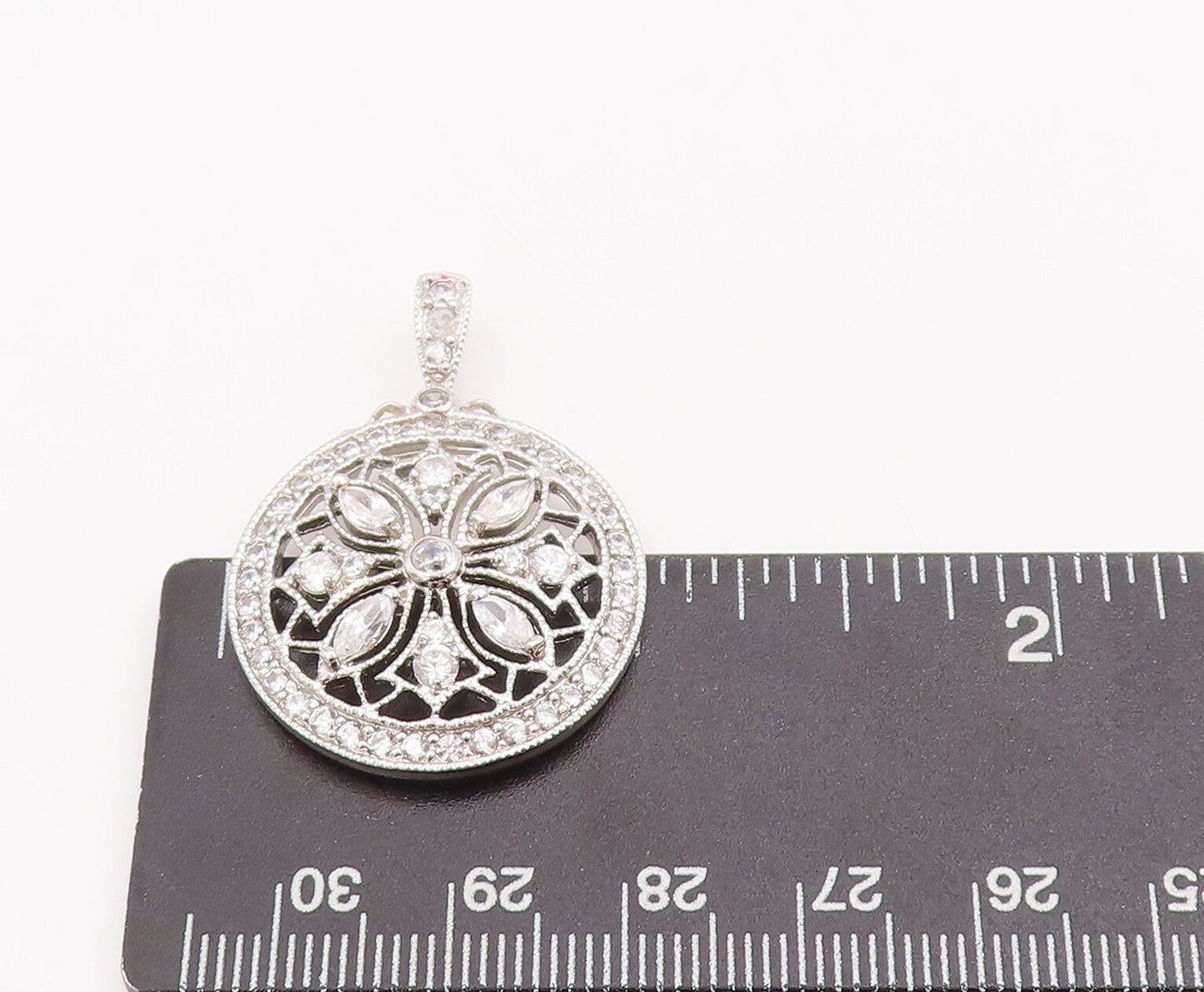 925 Sterling Silver Vintage Pendant Cutout CZ Inlay Carved Flower  PT23078