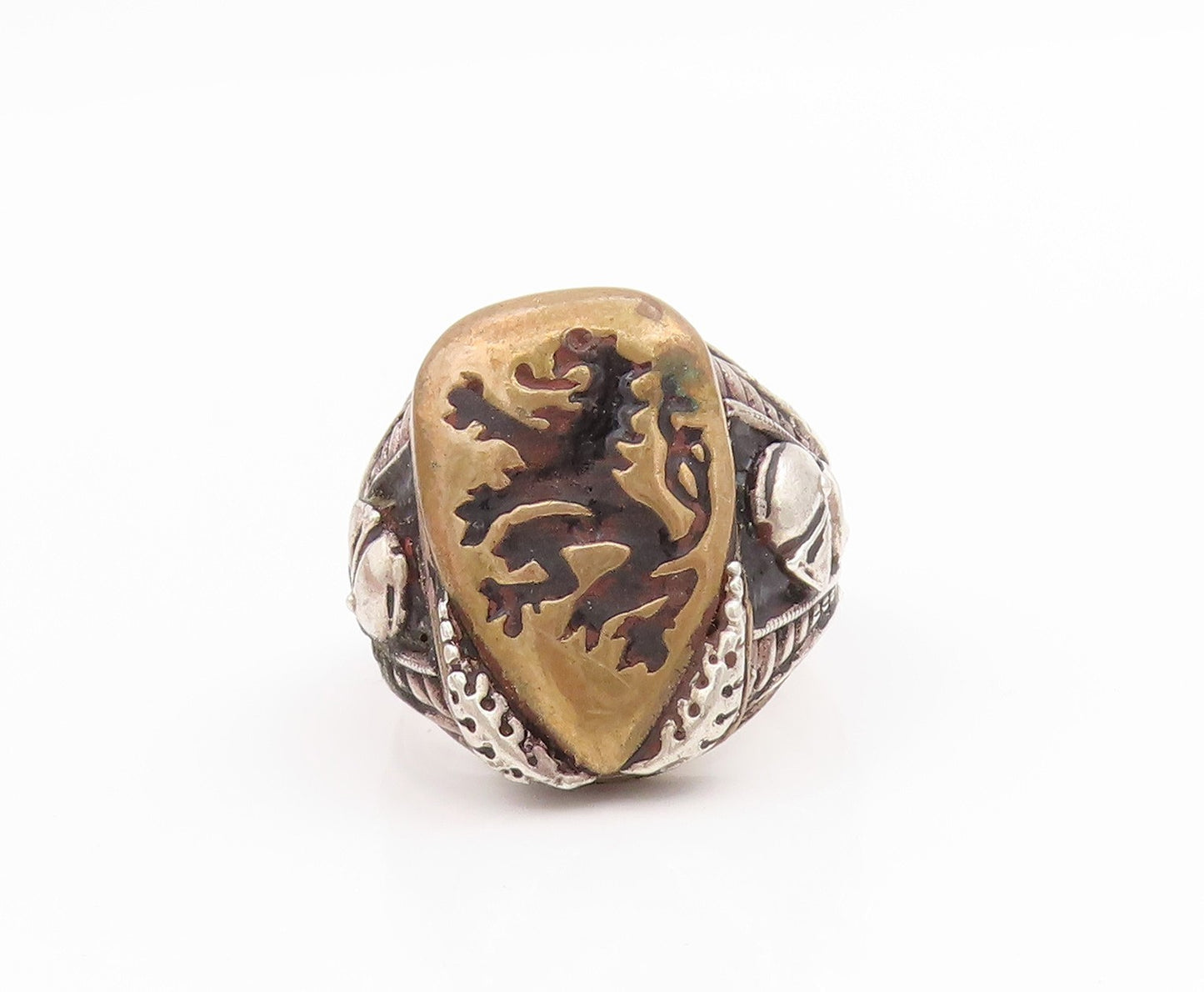 925 Sterling Silver Vintage Ring Heraldic Lion Rampant Shield  Sz 10  RG34402