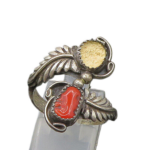 NAVAJO 925 Sterling Silver  Vintage Coral Floral Bypass Ring Sz 7.5  RG21687