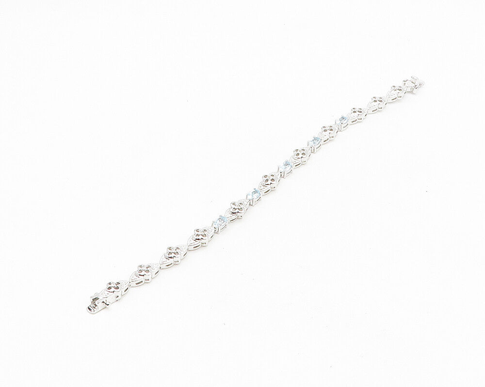 925 Sterling Silver  Shiny Genuine Diamond & Blue Topaz Chain Bracelet  BT7252